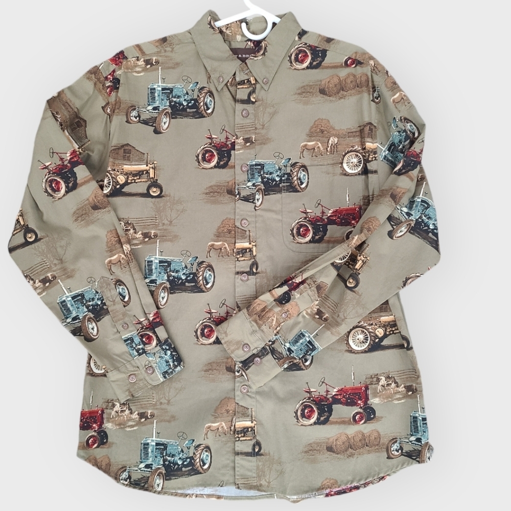 Vintage Bit & Bridle Farm Tractor Print‎ Button Front Oxford Shirt Mens Large